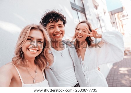 Similar – Image, Stock Photo Beautiful caucasian fashionly dressed girl standing outdoors with paper bag with purchases in the city.