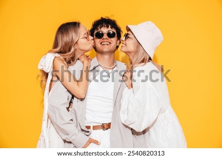 Similar – Image, Stock Photo Best female friends near lake during holiday