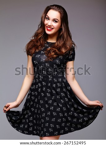 High fashion look.glamor stylish sexy smiling beautiful young woman model in summer black  hipster dress