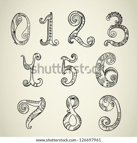 Collection Of Numbers, Hand-Drawn Paisley Design Stock Vector ...