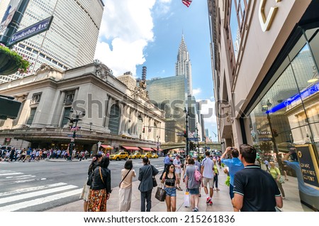 NEW YORK CITY - JUL 22: Grand Central Terminal as seen from the street on July 22, 2014. The world\'s largest train station, Grand Central has more than 44 platforms and 67 tracks.
