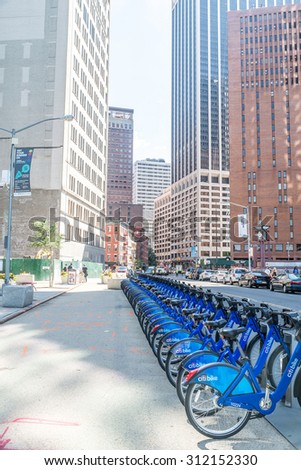 NEW YORK - JUL 10: Citi bike station in Manhattan on July 10, 2015. NYC bike share system started in Manhattan and Brooklyn on May 27, 2013