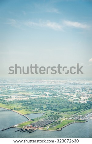 NEW YORK CITY - JULY 13: Aerial view on Liberty State Park on July 13, 2015 in New York. Liberty State Park is located on Upper New York Bay in Jersey City, New Jersey, opposite Liberty Island.
