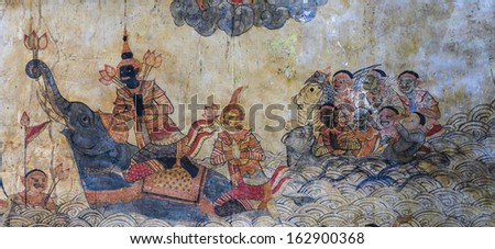 UTHAI THANI ,THAILAND -OCTOBER 20 : Ancient Thai mural painting of the Life of Buddha on temple wall at Wat Ubosatharam on October 20, 2013 in Uthai Thani , Thailand.