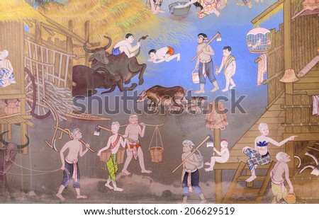 BANGKOK ,THAILAND - FEBRUARY 5, 2014 : Thai mural painting of  Thai people life in the past on temple wall of Wat Wat Samian Nari temple in Bangkok, Thailand.