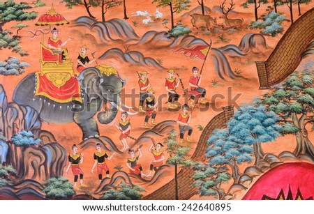 CHIANG MAI,THAILAND - OCTOBER 26, 2014: Thai mural painting of Thai Lanna life in the past on temple wall of Wat Chang Kham Temple in Chiang Mai, Thailand