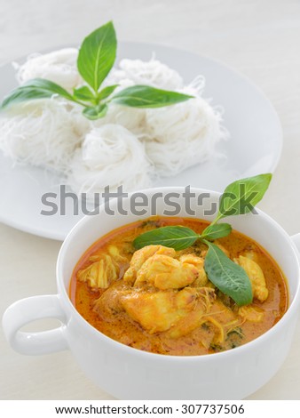 Crab meat coconut milk curry with rice noodle, Thai spicy soup cuisine