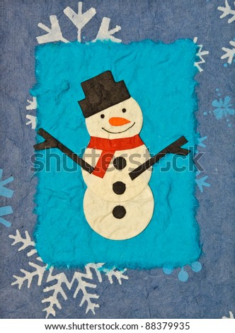 Paper craft snowman on snowflake blue background