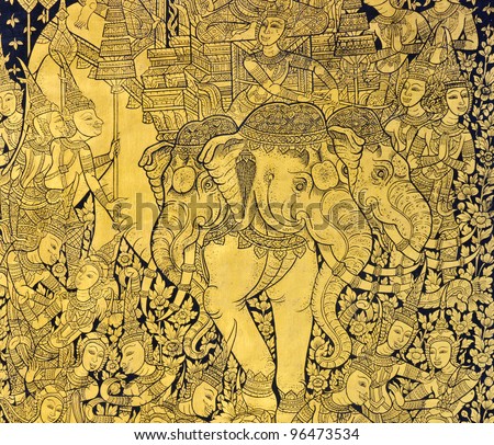 Three-headed elephant painting in tradition Thai style