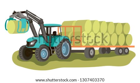 tractor with loader and bales of hay on the cart