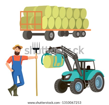 the farmer harvests hay with a tractor with a loader