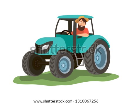 a man sits in a blue tractor and looks out the window