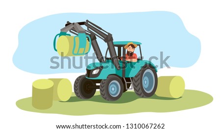 The farmer drives a tractor and loads hay