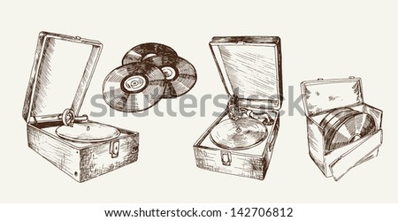 vector illustration of a recordplayer. set of sketches