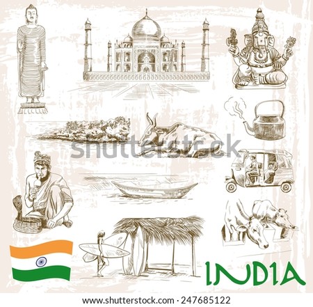 historic sites and attractions of India. handmade illustration