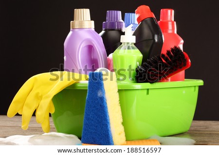 Household chemical goods for cleaning on black