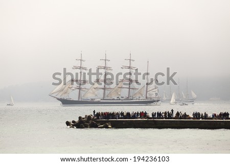 VARNA, BULGARIA- MAY 3  2014: SCF Black Sea Tall Ships Regatta.  Parade of Sails at Varna Bay