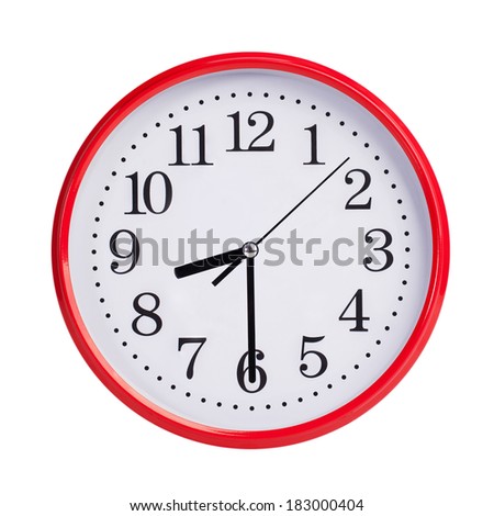 Half past nine on a red round clock face