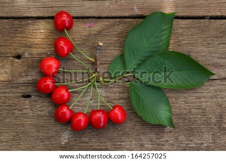Appetizing tasty ripe sweet berries of a cherry on a branch with leaflets