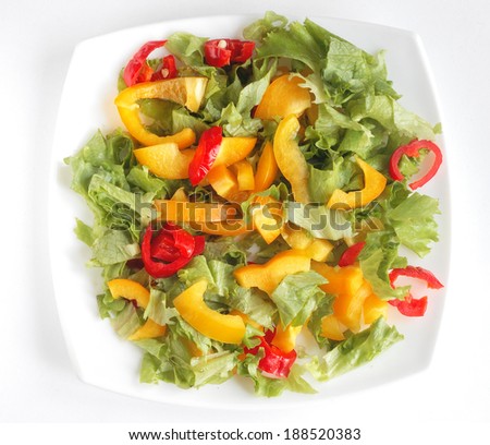 Appetizing bright vegetable salad made of the cut leaves of green salad and juicy sweet red and yellow pepper cut by slices