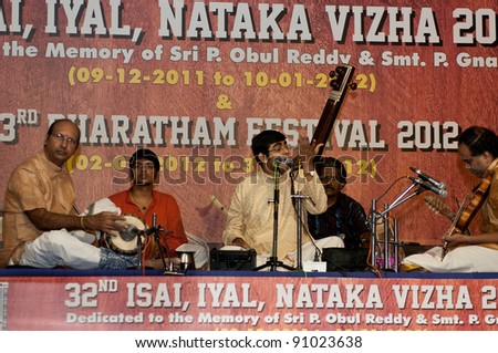 CHENNAI, INDIA - DEC 15: Sikkil Gurucharan performs during the South Indian music festival on Dec 15, 2011 in Chennai, India
