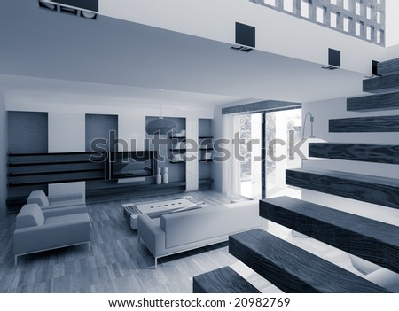 3D render of image, drawing room interior. Blue tone