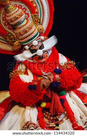 CHENNAI, INDIA - SEPTEMBER 9: Indian traditional dance drama Kathakali preformance on September 9, 2009 in Chennai, India. Performer portrays monkey king Bali (thadi) character in Ramayana drama