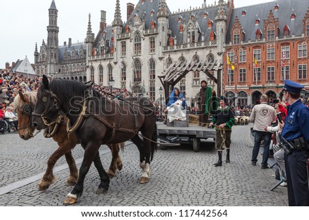 BRUGES, BELGIUM - MAY 17: Annual Procession of the Holy Blood on Ascension Day. Locals perform  dramatizations of Biblical events - birth of Jesus Christ. May 17, 2012 in Bruges (Brugge), Belgium