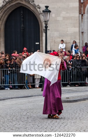 BRUGES, BELGIUM - MAY 17: Annual Procession of the Holy Blood on Ascension Day. shroud of Christ - Locals perform dramatizations of Biblical events. May 17, 2012 in Bruges (Brugge), Belgium