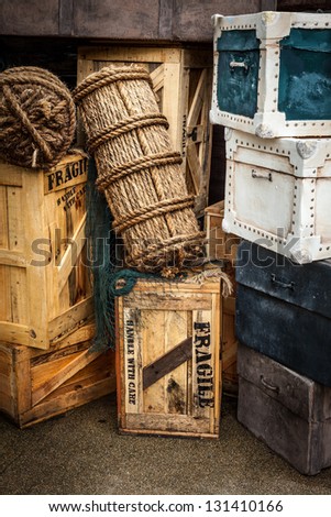 Vintage luggage bags, crates, boxes, suitcases
