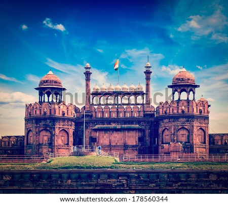 Vintage retro hipster style travel image of India travel tourism background - Red Fort (Lal Qila) Delhi - World Heritage Site. Delhi, India