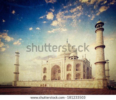 Vintage retro hipster style travel image of  Taj Mahal on sunrise. Indian Symbol - India travel background with grunge texture overlaid. Agra, India