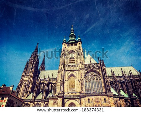 Vintage retro hipster style travel image of Gothic architecture facade of St. Vitus Catherdal, Prague, Czech Republic with grunge texture overlaid