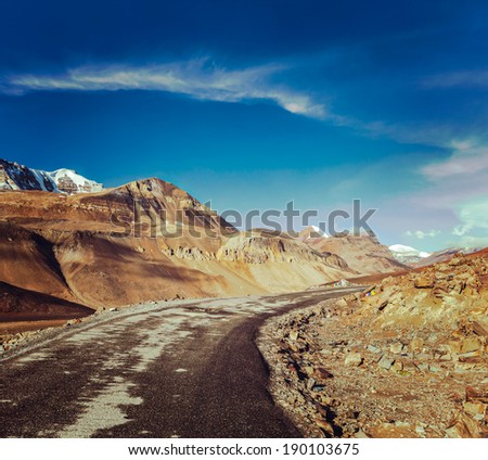 Vintage retro effect filtered hipster style travel image of Manali-Leh road to Ladakh in Indian Himalayas near Baralacha-La pass. Himachal Pradesh, India