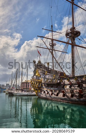Port of Genoa (Genova) with ship replica of a 17th-century Spanish galleon. Genoa, Italy ストックフォト © 