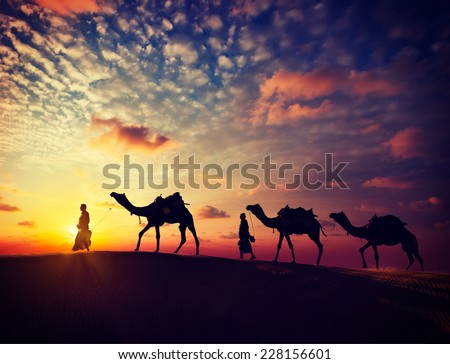 Vintage retro effect filtered hipster style image of  Rajasthan travel background - two indian cameleers (camel drivers) with camels silhouettes in dunes of Thar desert on sunset. Rajasthan, India