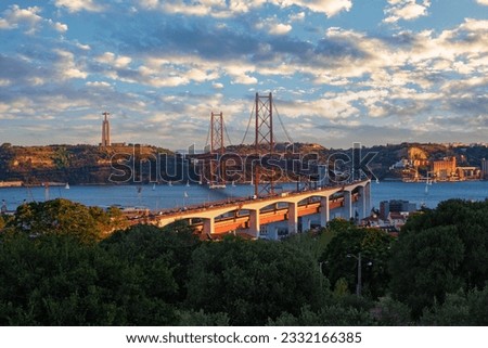 Similar – Foto Bild Ponte 25 de Abril Brücke in Lissabon während Sonnenuntergang mit Schiff und Jesus-Denkmal, bewölkten Himmel portugal