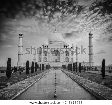 Taj Mahal - Indian famous landmark. Agra, Uttar Pradesh, India. Black and white version