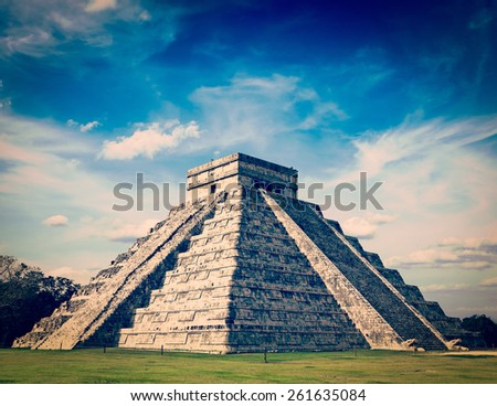 Vintage retro effect filtered hipster style image of Mexico travel background famous mexican landmark - anicent Maya mayan pyramid El Castillo (Kukulkan) in Chichen-Itza, Mexico