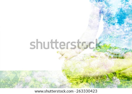Nature harmony healthy lifestyle concept - double exposure clouse up  image of  woman doing yoga asana Padmasana (Lotus pose) cross legged position with Chin Mudra - psychic gesture of consciousness