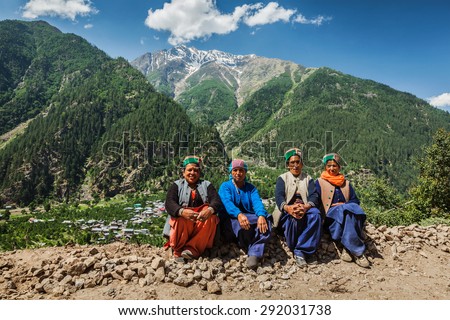 SANGLA, INDIA - JUNE 28, 2012: Indian women of Himachal Pradesh state of India in traditional Kinnaur hats in Himalayas