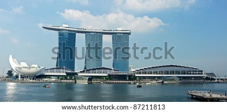 SINGAPORE-MAY 6: The Marina Bay Sands complex on May 6, 2011 in Singapore. Marina Bay Sands is an integrated resort and billed as the world\'s most expensive standalone casino property. Panorama image