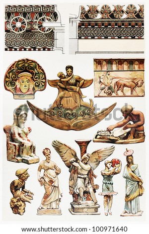 Vintage drawing of Terracottas designs in antiquity; drawing from the end of 19th century - Picture from Meyers Lexicon books collection (written in German language) published in 1908, Germany.