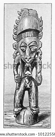 Vintage 19th century Architectural element with an ancestor, Papua New Guinea -  Picture from Meyers Lexicon books collection (written in German language) published in 1908, Germany.