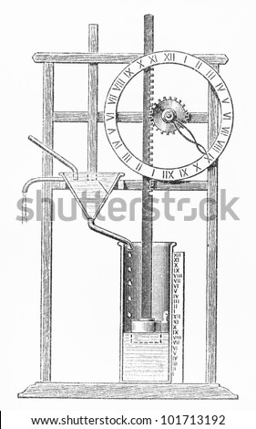 Vintage 19th century old drawing of a Egyptian water clock - Picture from Meyers Lexikon book (written in German language) published in 1908 Leipzig - Germany. Imagine de stoc © 