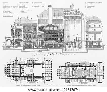 Vintage drawing of Hungarian State Opera House; Drawing from the beginning of 20th century -  Picture from Meyers Lexikon book (written in German language) published in 1908 Leipzig - Germany.
