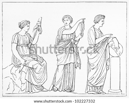 Vintage Drawing Of The Three Fates, Clotho, Lachesis And Atropos In ...