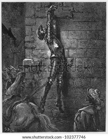 Don Quijote tied by the hands by Maritornes - Picture from The History of Don Quixote book,  published in 1880, London - UK. Drawings by Gustave Dore.