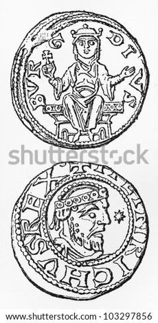 Vintage drawing of a Heinrichs the 4th denar coin from (1056 - 1106) period - Picture from Meyers Lexikon book (written in German language) published in 1908 Leipzig - Germany.