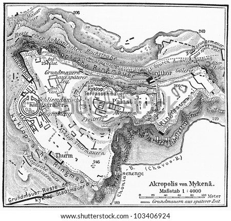 Vintage 19th century map of Mycenae: Plan of the Acropolis - Picture from Meyers Lexikon book (written in German language) published in 1908 Leipzig - Germany.